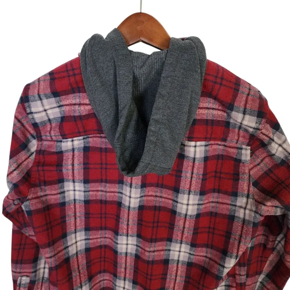 Free Planet Flannel Shirt Jacket with Hood Red Plaid 100% Cotton Mens Size Large